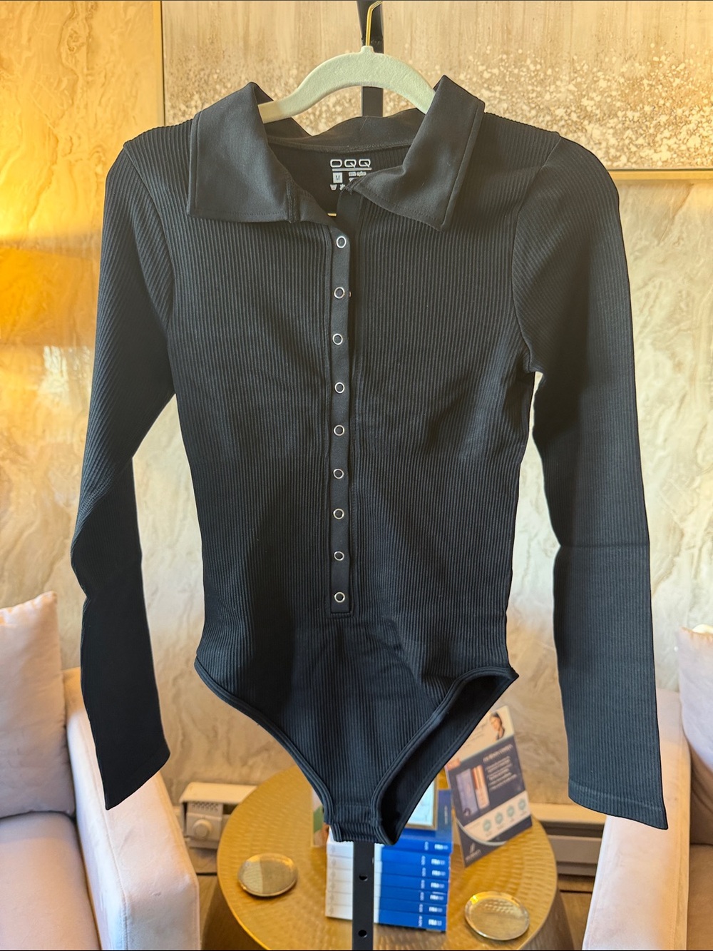Black Ribbed Snap-Front Long-Sleeve Women's Bodysuit Jumpsuit